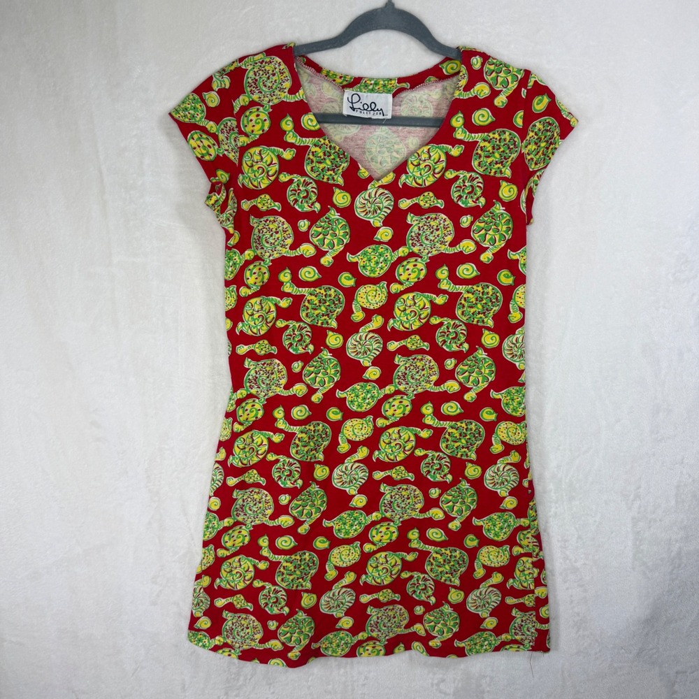 HTF Vintage Lilly Pulitzer Dress Womens S Red Turtle Print V-Neck Mini